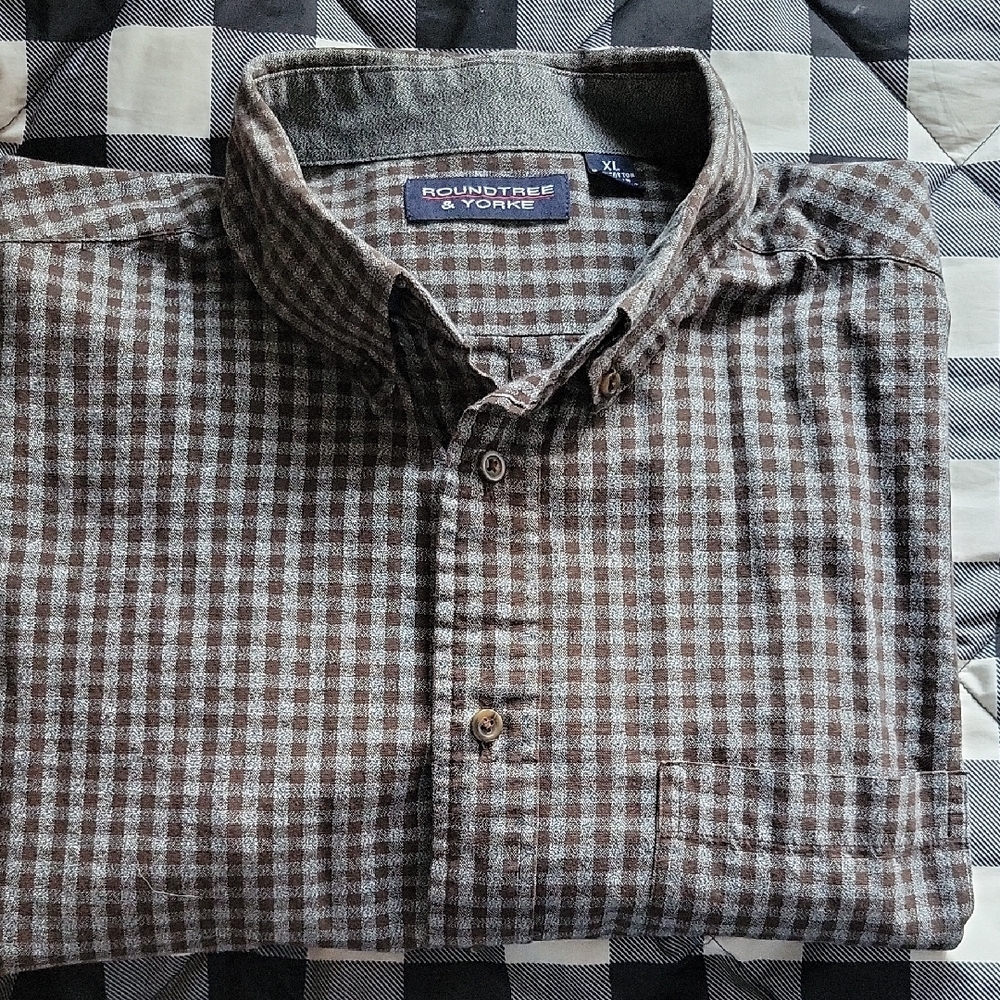 Roundtree & Yorke Gray & Brown, mini-check, Casual Button Down Shirt